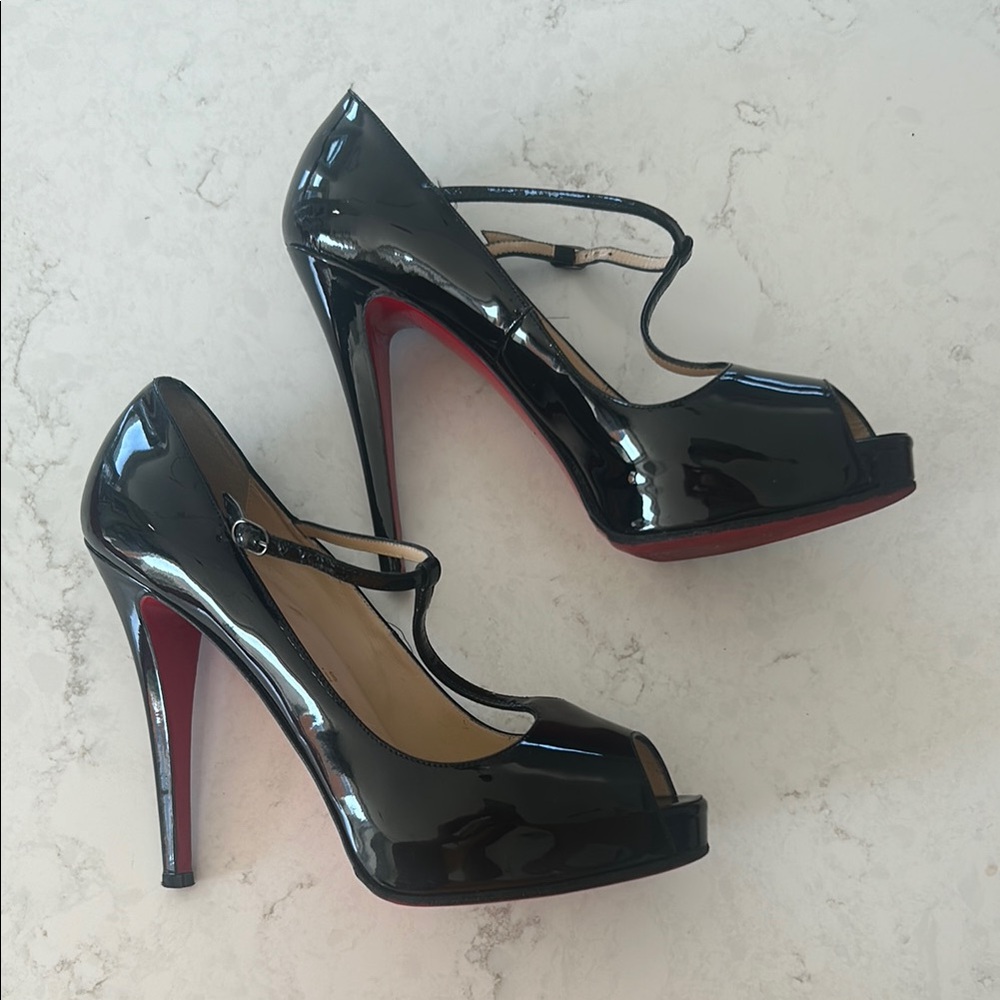 Christian Louboutin Black Patent T Strap Heels